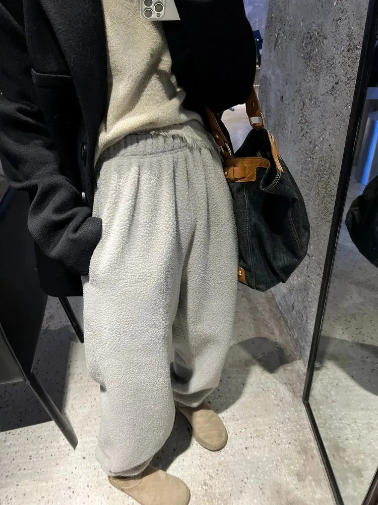 Bonnyshow Winter Gray Brushed Fleece Pants Women Korean Style Lambswool Jogging Sweatpants Oversize Navy Wide Leg Trousers Warm