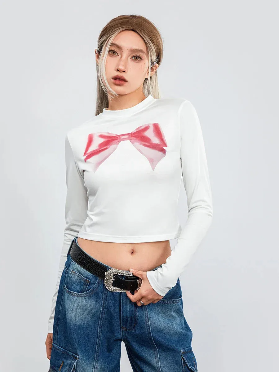 Bow Print Long Sleeve Going Out Fashion Crewneck Crop Y2K T-shirt