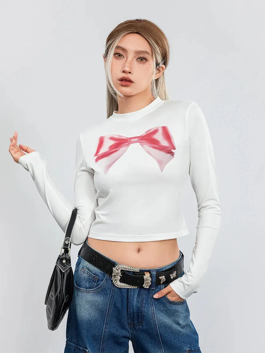 Bow Print Long Sleeve Going Out Fashion Crewneck Crop Y2K T-shirt