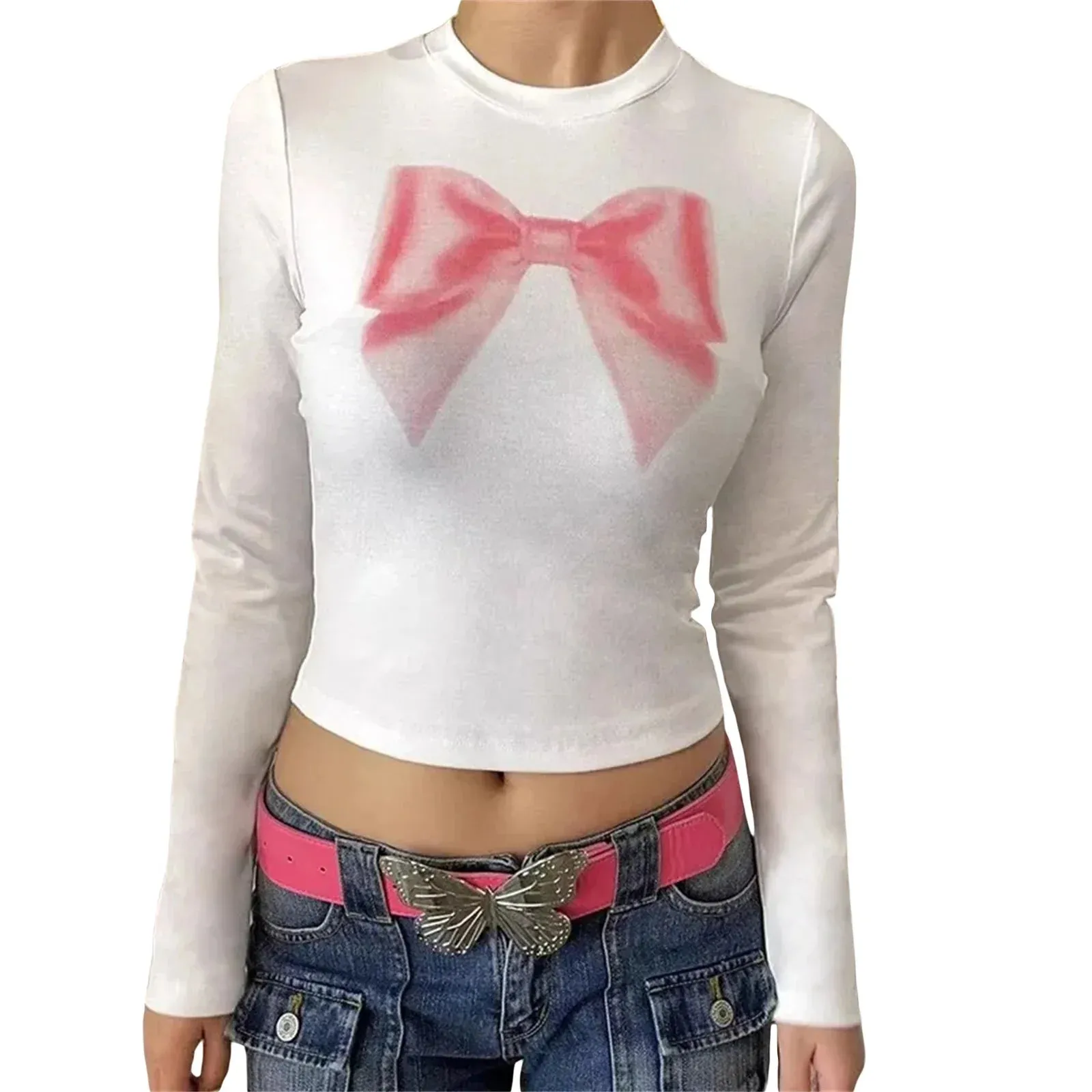 Bow Print Long Sleeve Going Out Fashion Crewneck Crop Y2K T-shirt