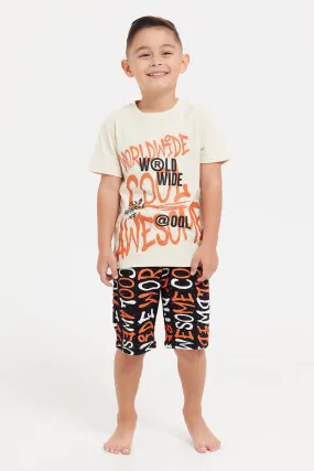 Boys Beige And Black Printed Pyjama Set (2 Piece)