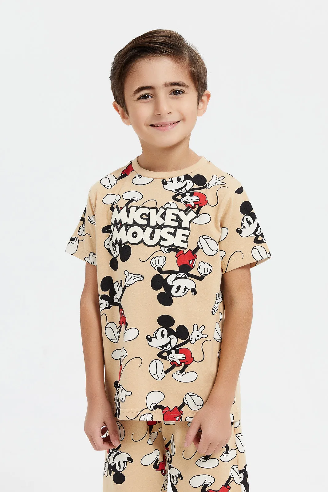 Boys Beige Mickey Mouse Print Pyjama Set (2 Piece)