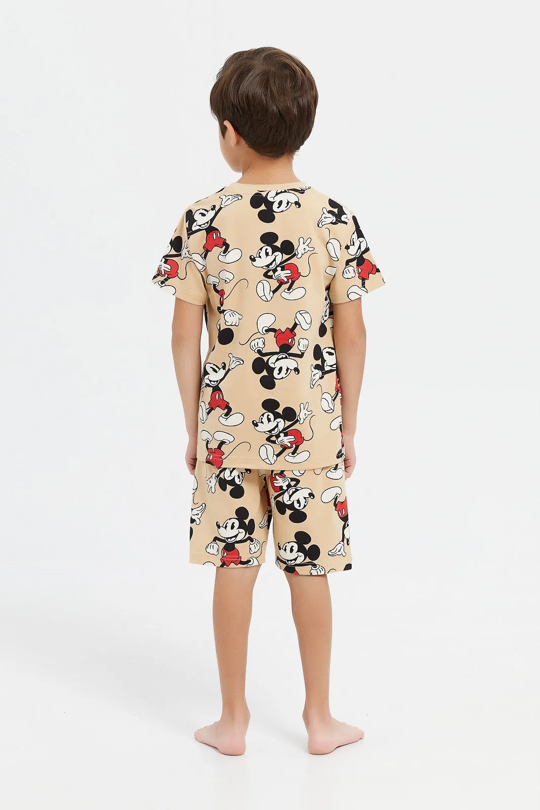 Boys Beige Mickey Mouse Print Pyjama Set (2 Piece)