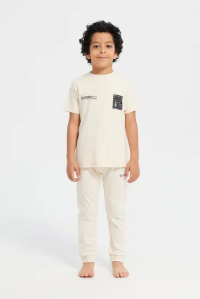 Boys Beige Short Sleeve T-Shirt And Long Pyjama Set (2 Piece)