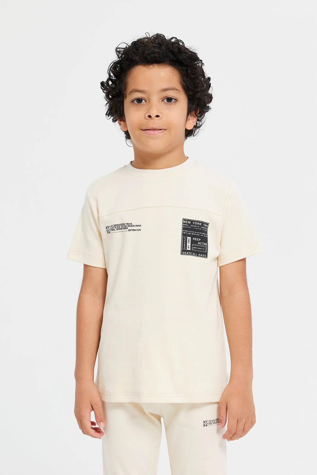 Boys Beige Short Sleeve T-Shirt And Long Pyjama Set (2 Piece)