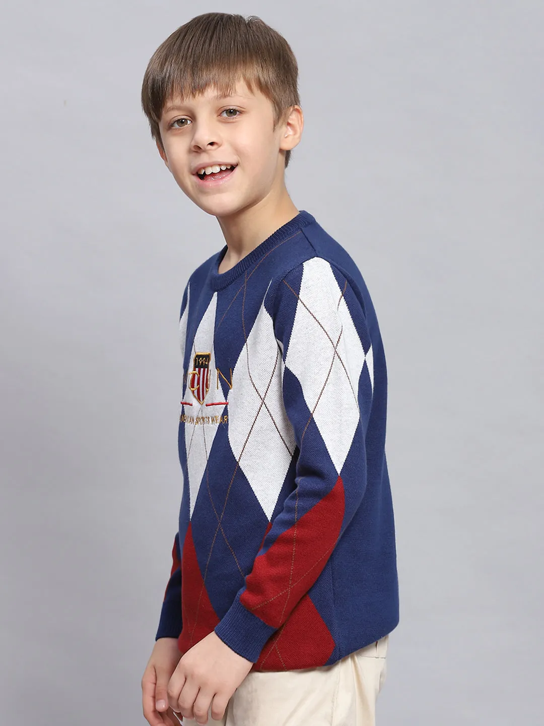 Boys Blue Self Design Round Neck Full Sleeve Sweater