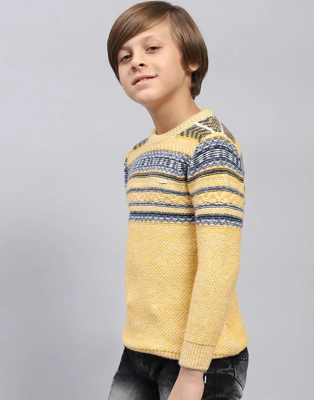 Boys Mustard Self Design Round Neck Full Sleeve Pullover