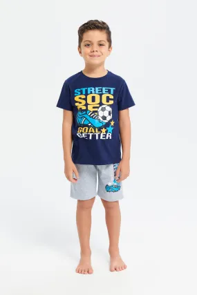 Boys Navy And Grey Football Printed Pyjama Set (2 Piece)