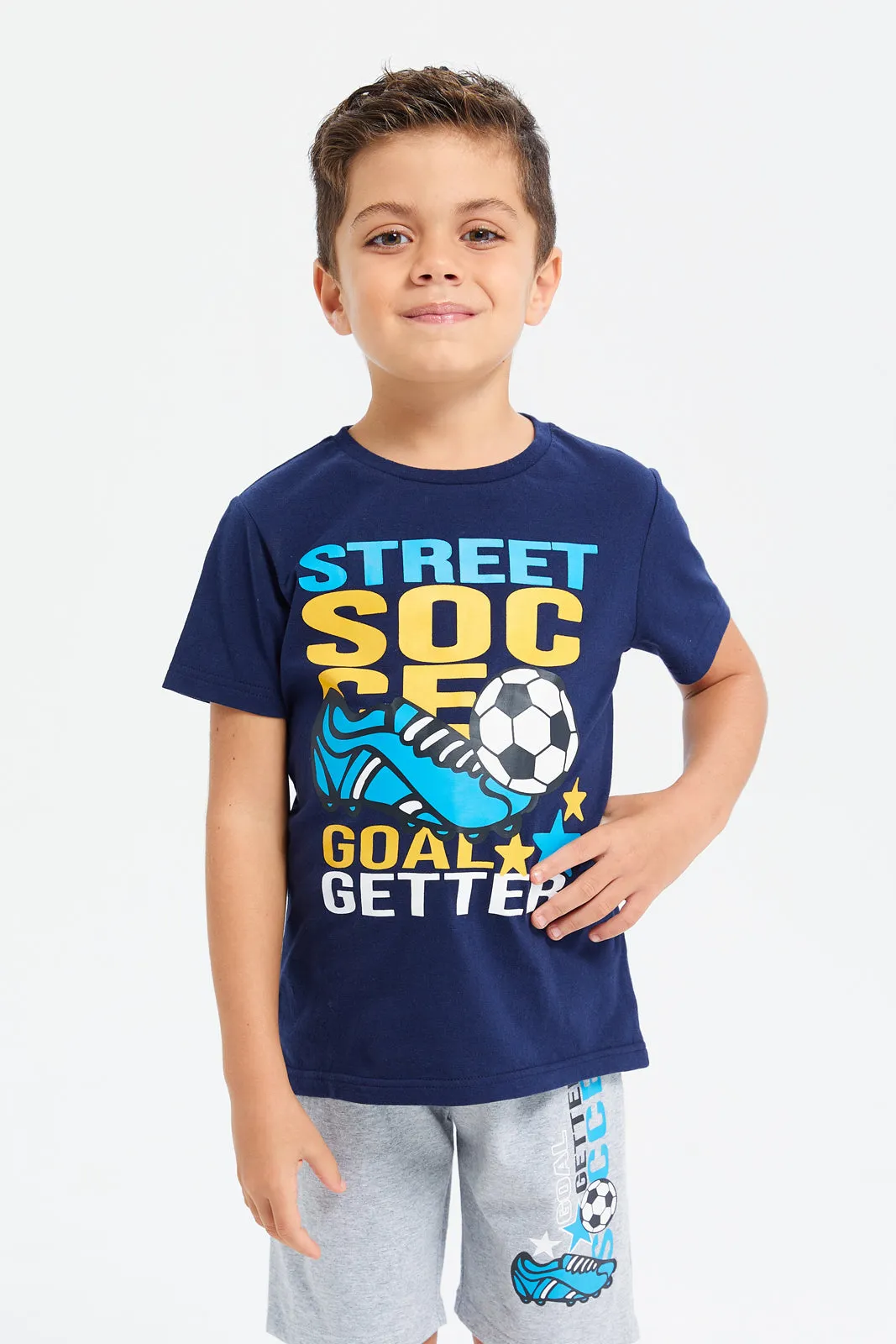 Boys Navy And Grey Football Printed Pyjama Set (2 Piece)