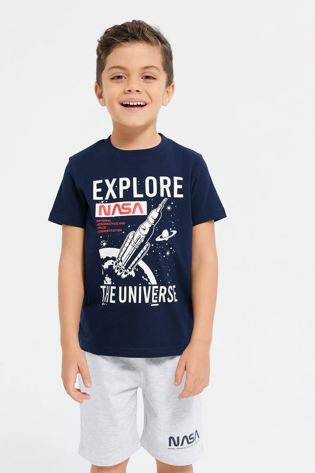 Boys Navy And Grey Nasa Print Pyjama Set (2 Piece)