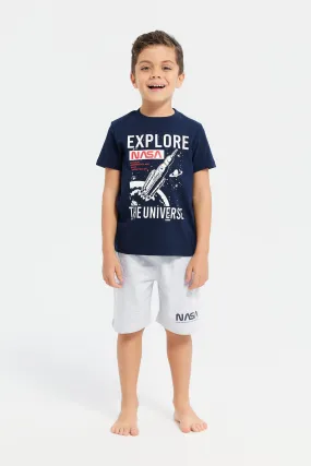 Boys Navy And Grey Nasa Print Pyjama Set (2 Piece)