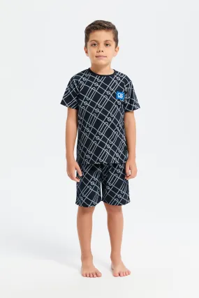 Boys Navy And Grey Printed Pyjama Set (2 Piece)