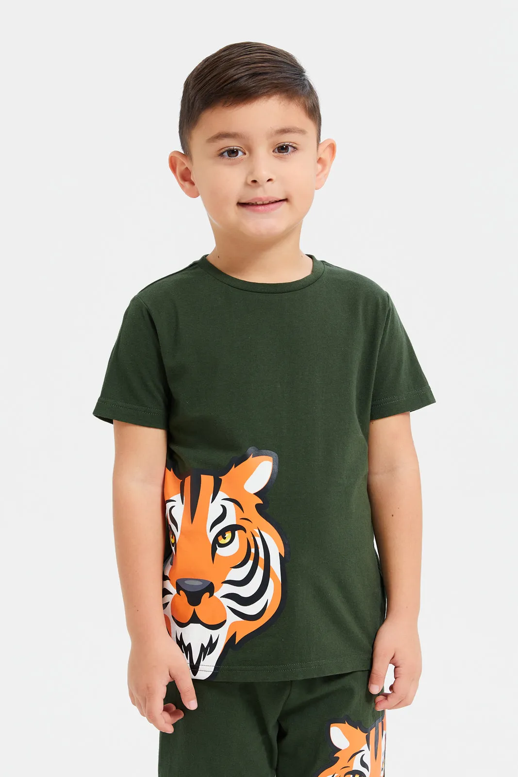 Boys Olive Tiger Printed Pyjama Set (2 Piece)