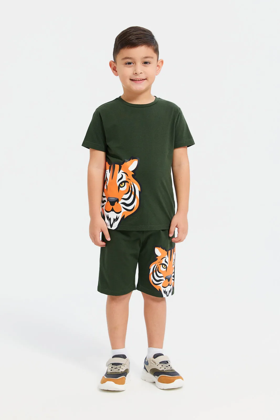 Boys Olive Tiger Printed Pyjama Set (2 Piece)