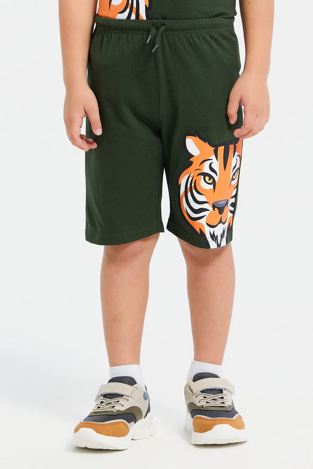 Boys Olive Tiger Printed Pyjama Set (2 Piece)