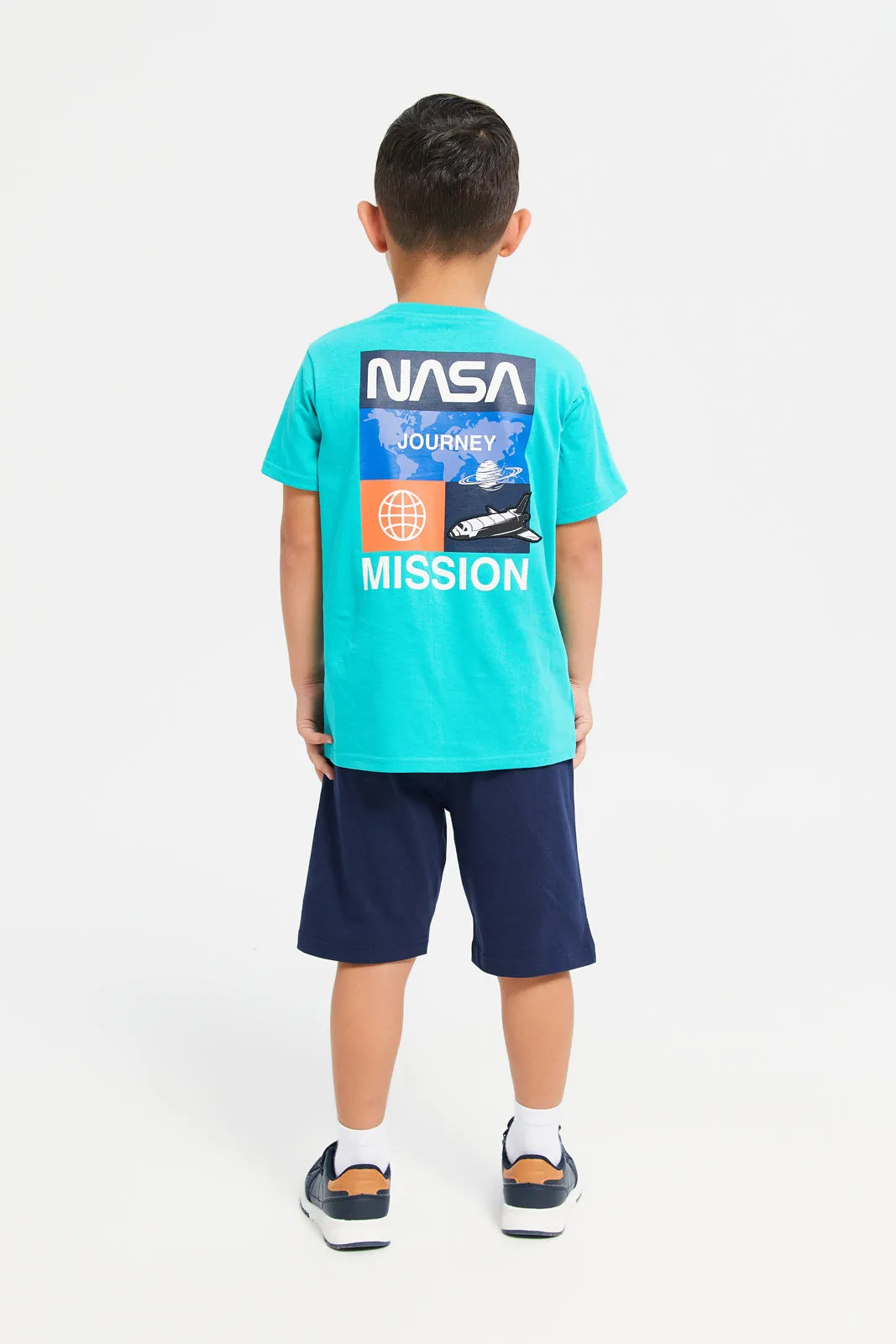 Boys Teal And Navy Nasa Printed Pyjama Set (2 Piece)