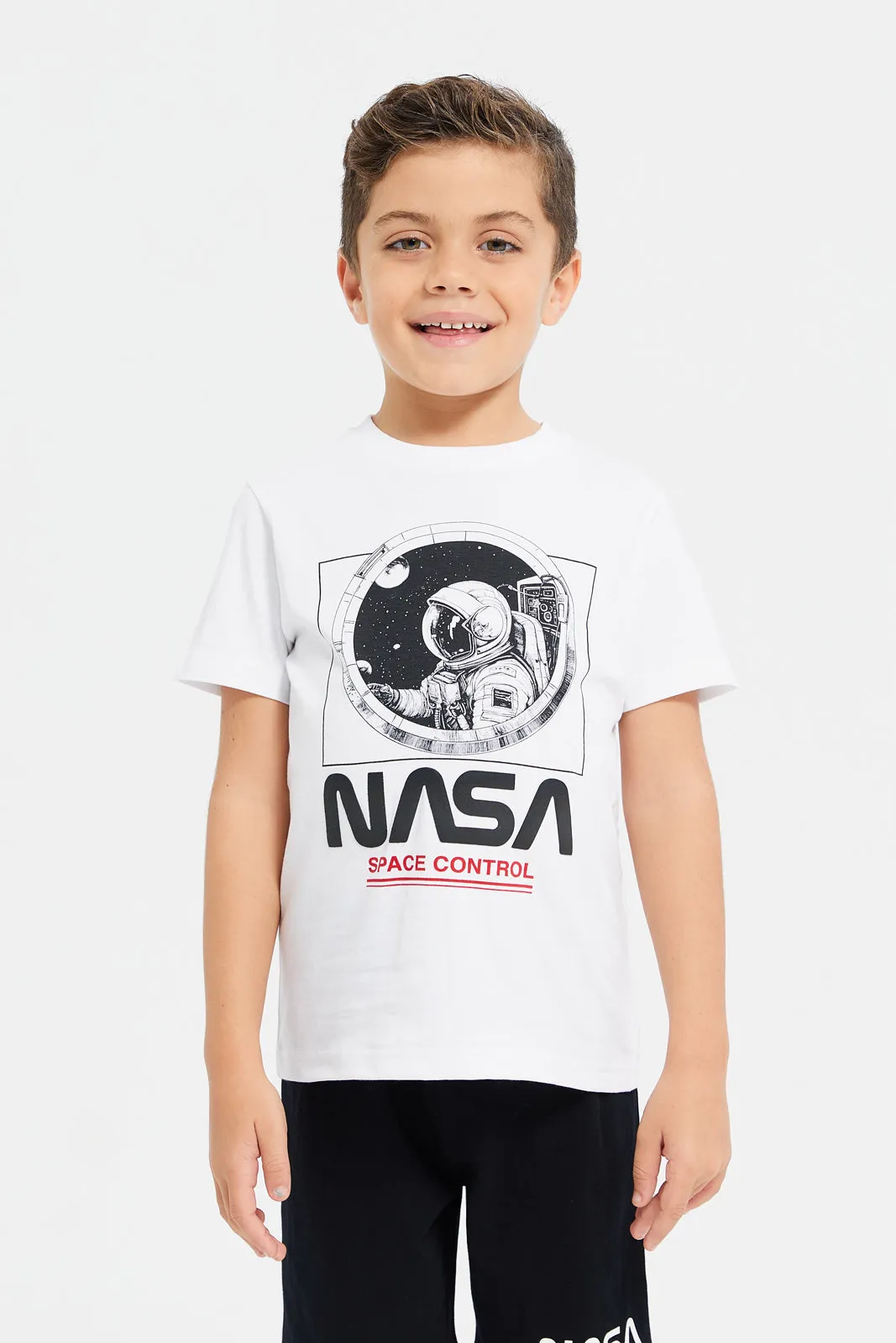 Boys White And Black Nasa Print Pyjama Set (2 Piece)