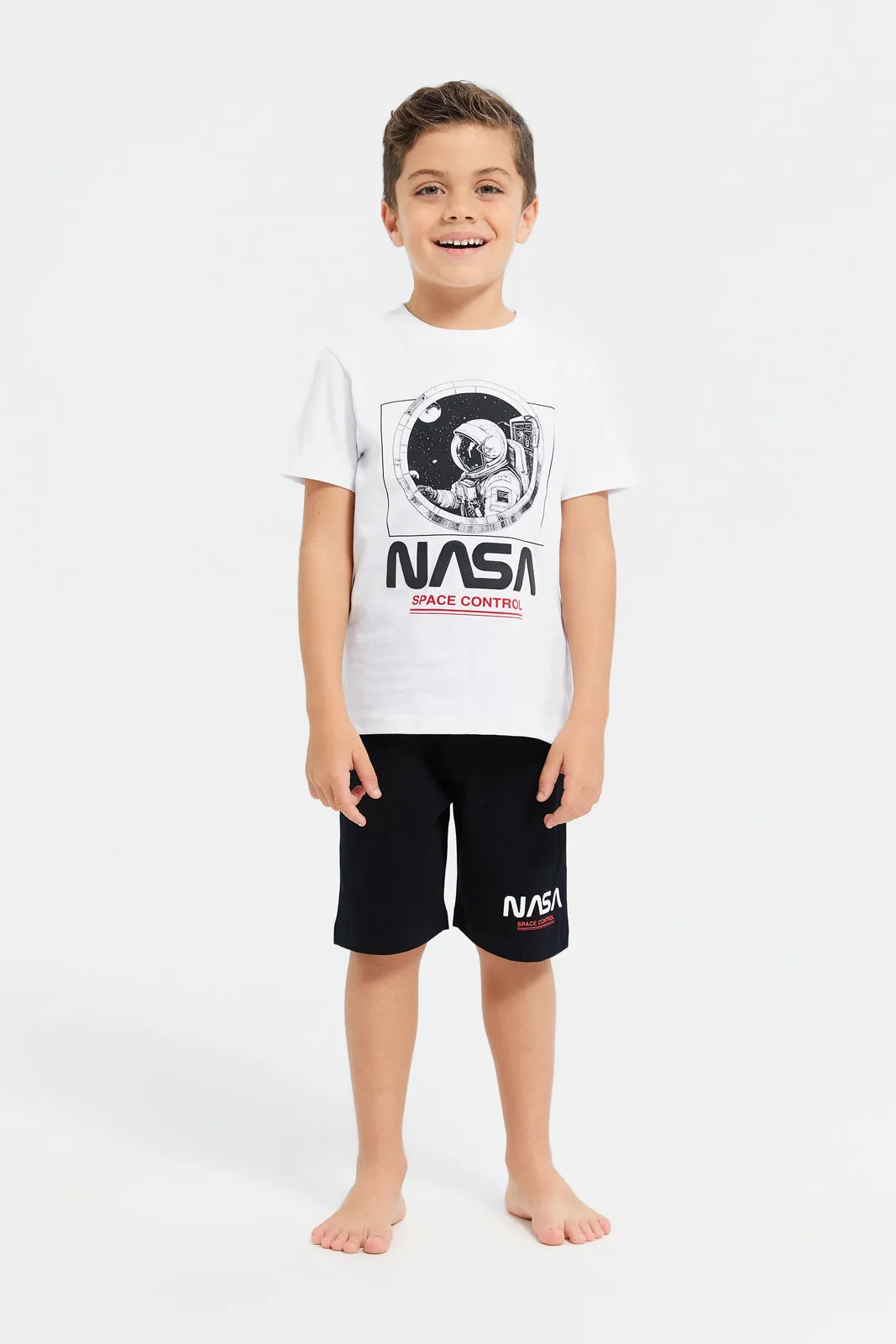 Boys White And Black Nasa Print Pyjama Set (2 Piece)