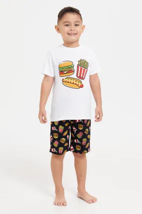 Boys White And Black Printed Pyjama Set (2 Piece)