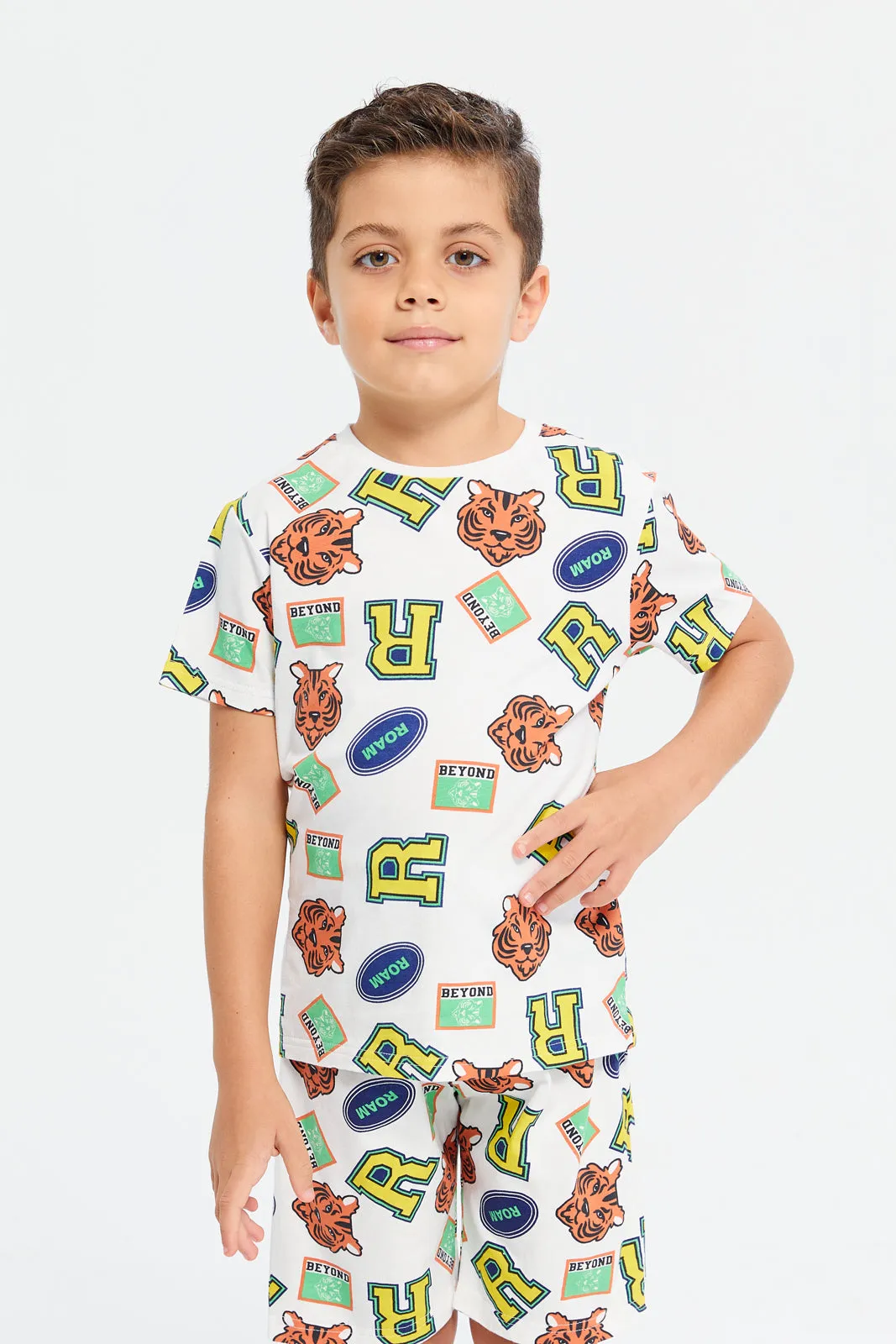 Boys White Tiger Printed Pyjama Set (2 Piece)