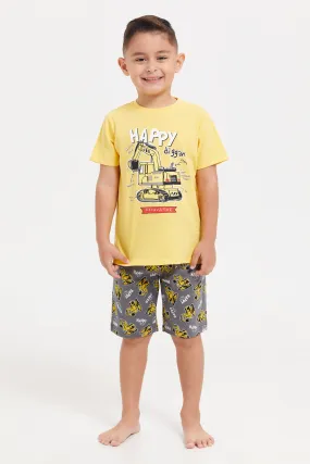 Boys Yellow And Grey Printed Pyjama Set (2 Piece)