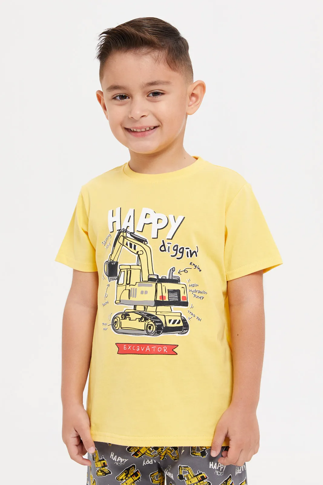 Boys Yellow And Grey Printed Pyjama Set (2 Piece)