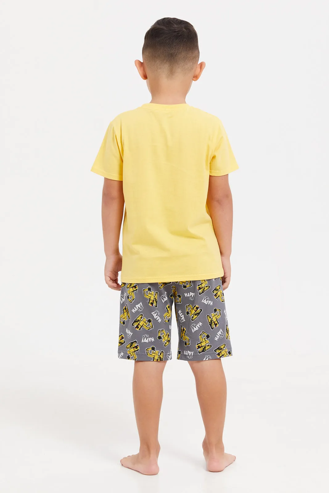 Boys Yellow And Grey Printed Pyjama Set (2 Piece)