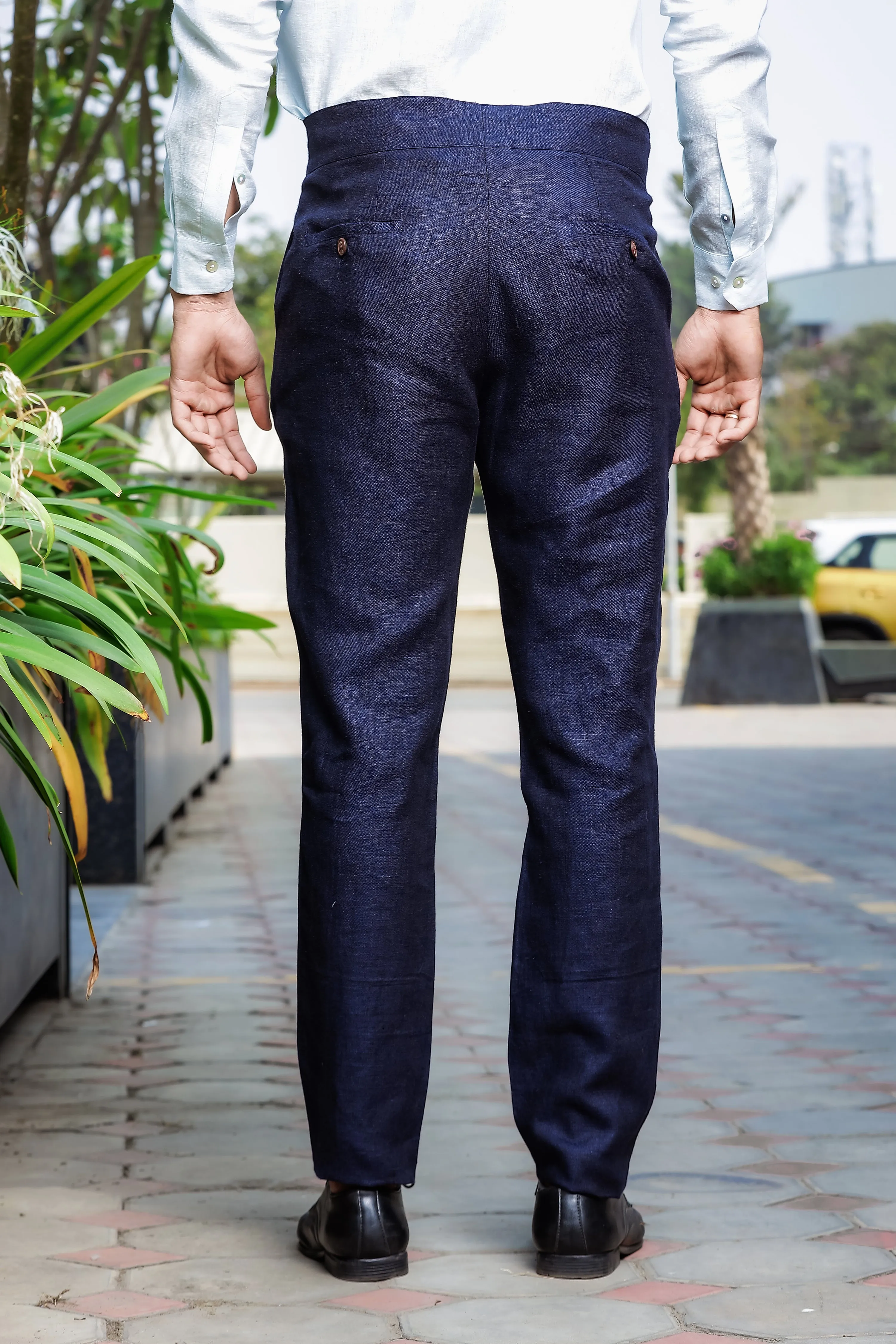 Brandon Double Button Broad Pure Linen Trousers - Dark Blue