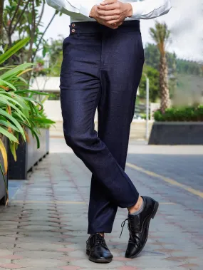 Brandon Double Button Broad Pure Linen Trousers - Dark Blue