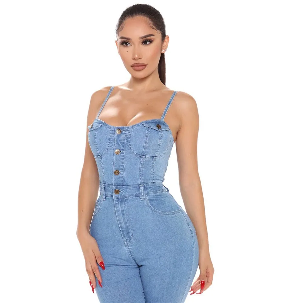 Button Front Bustier Slant Pocket Cami Denim Jumpsuit