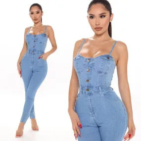 Button Front Bustier Slant Pocket Cami Denim Jumpsuit