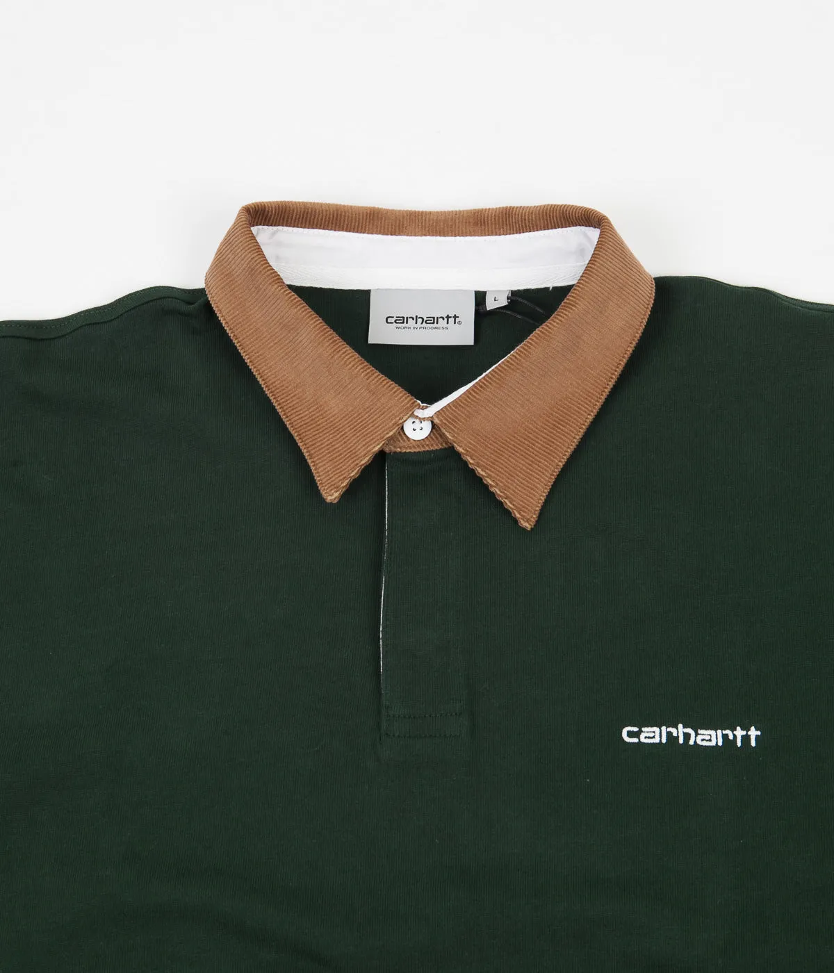 Carhartt Cord Rugby Long Sleeve Polo Shirt - Bottle Green / Hamilton Brown / White