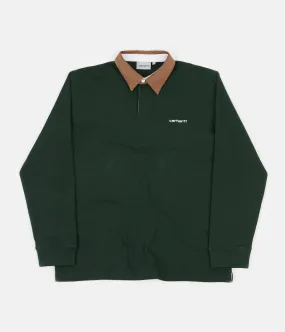 Carhartt Cord Rugby Long Sleeve Polo Shirt - Bottle Green / Hamilton Brown / White