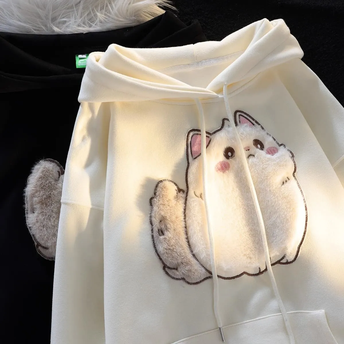 Cartoon Embroidery Fluffy Kitty Cat Hoodie