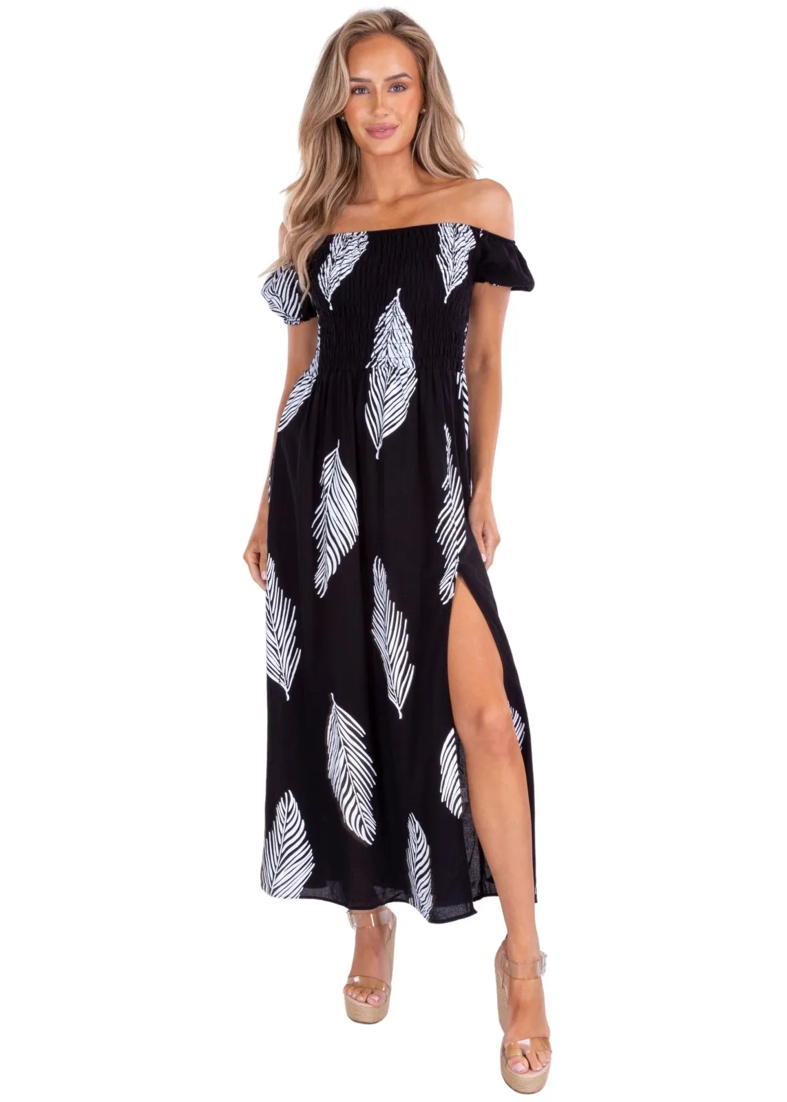 'Catalina' Off Shoulder Palm Print Maxi Dress