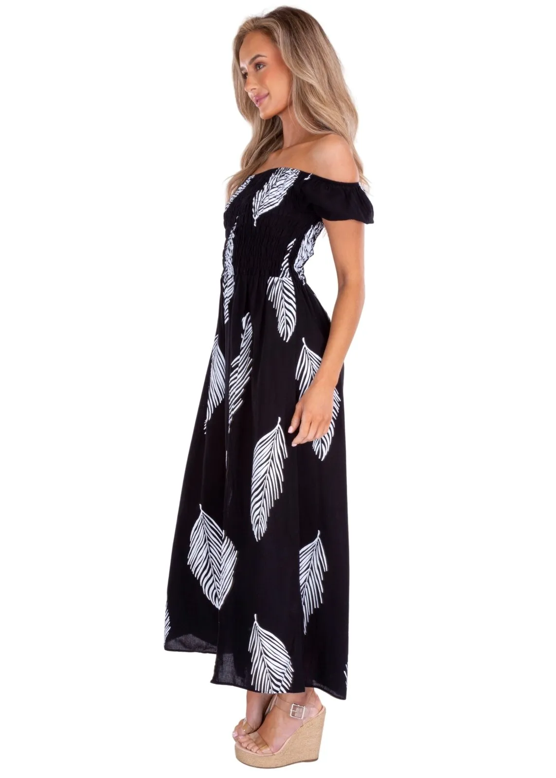 'Catalina' Off Shoulder Palm Print Maxi Dress