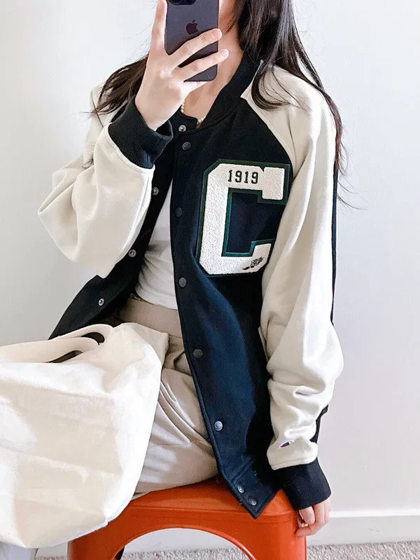 Champion Premium Letterman Big C Logo Varsity Style Jacket Black/Cocoa V79525 586EPB A8IR