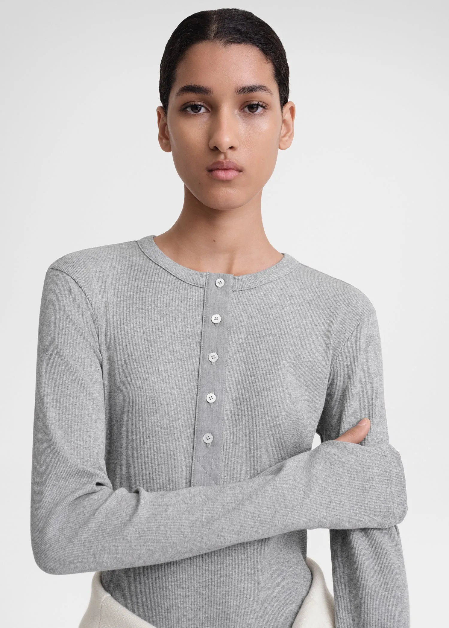 Classic rib henley top grey melange