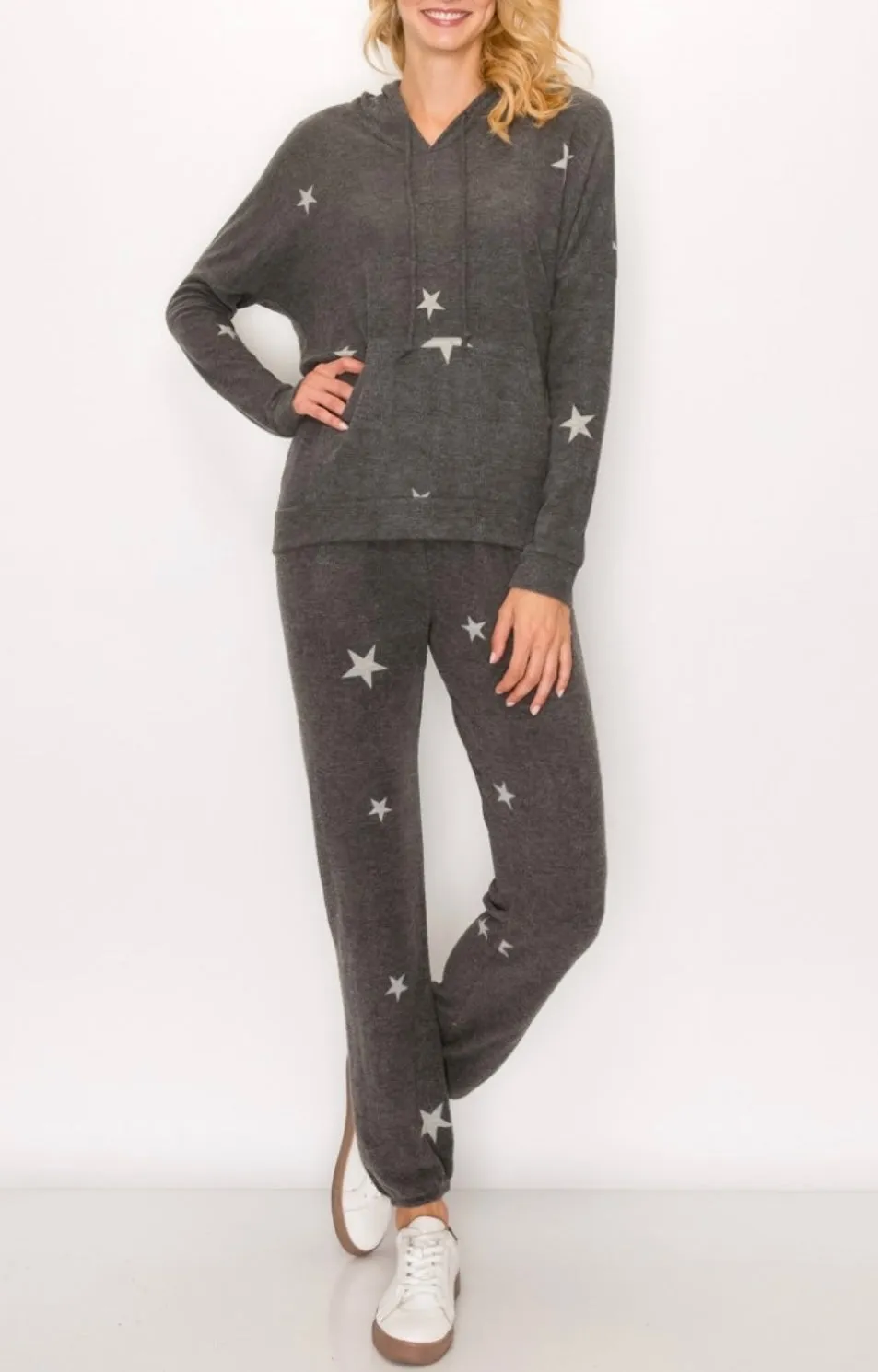 Comfy hoodie top in our  charcoal stars print cozy brushed jersey