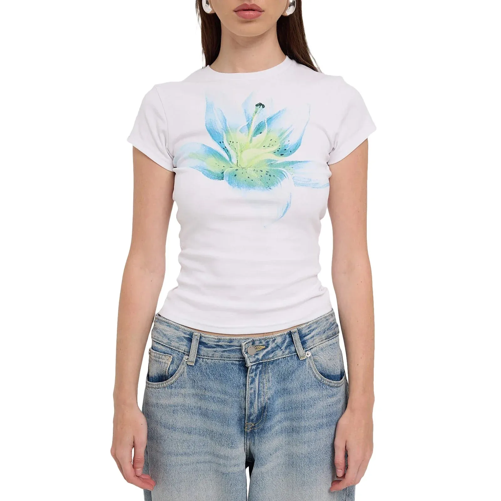 Coquette Aesthetic Slim Fit White Floral Print Y2K Baby Tees Vintage T-shirt