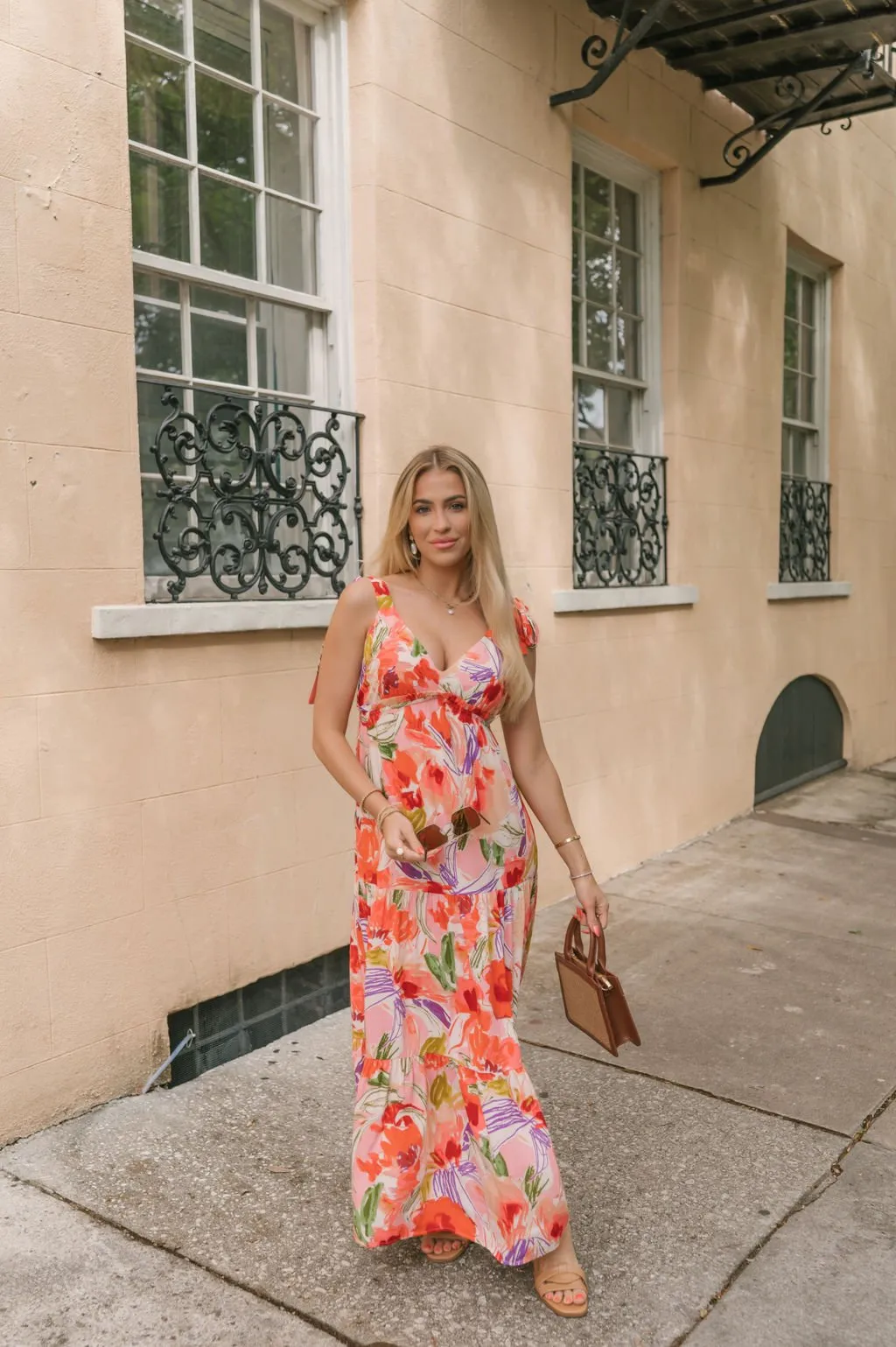 Coral Multi Print Shoulder Tie Maxi Dress - FINAL SALE