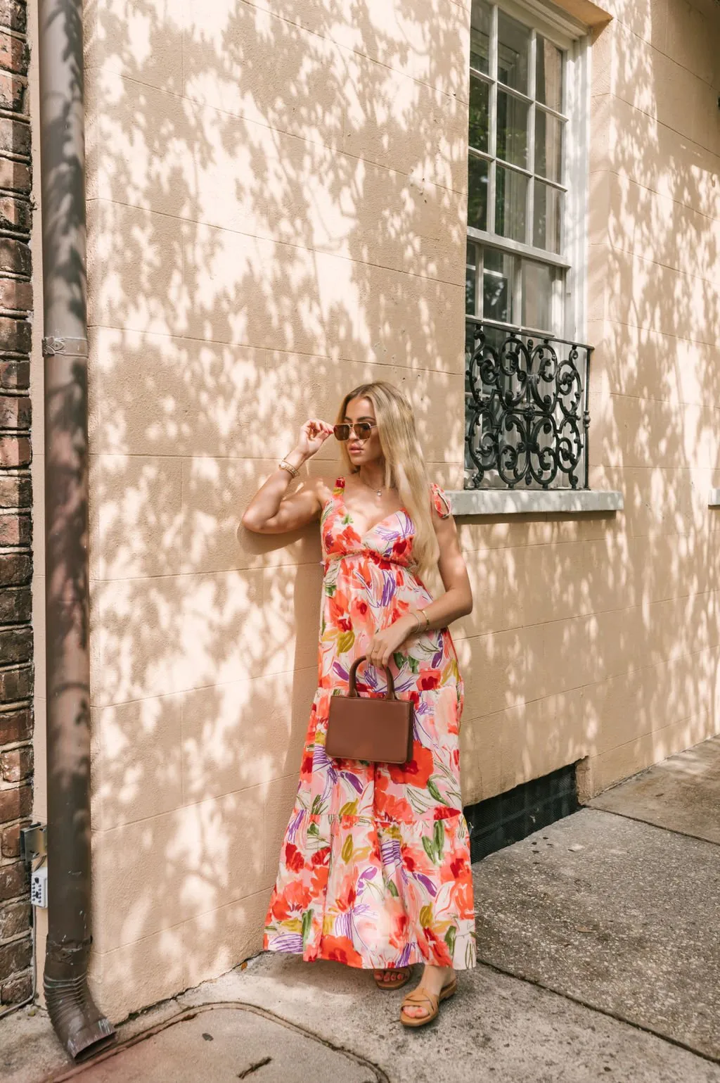 Coral Multi Print Shoulder Tie Maxi Dress - FINAL SALE