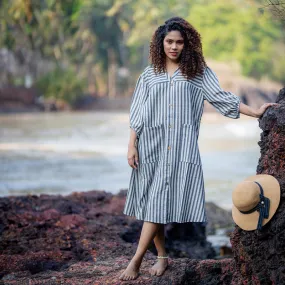 Cotton Striped Midi Dress | Natural Dyed | White & Grey