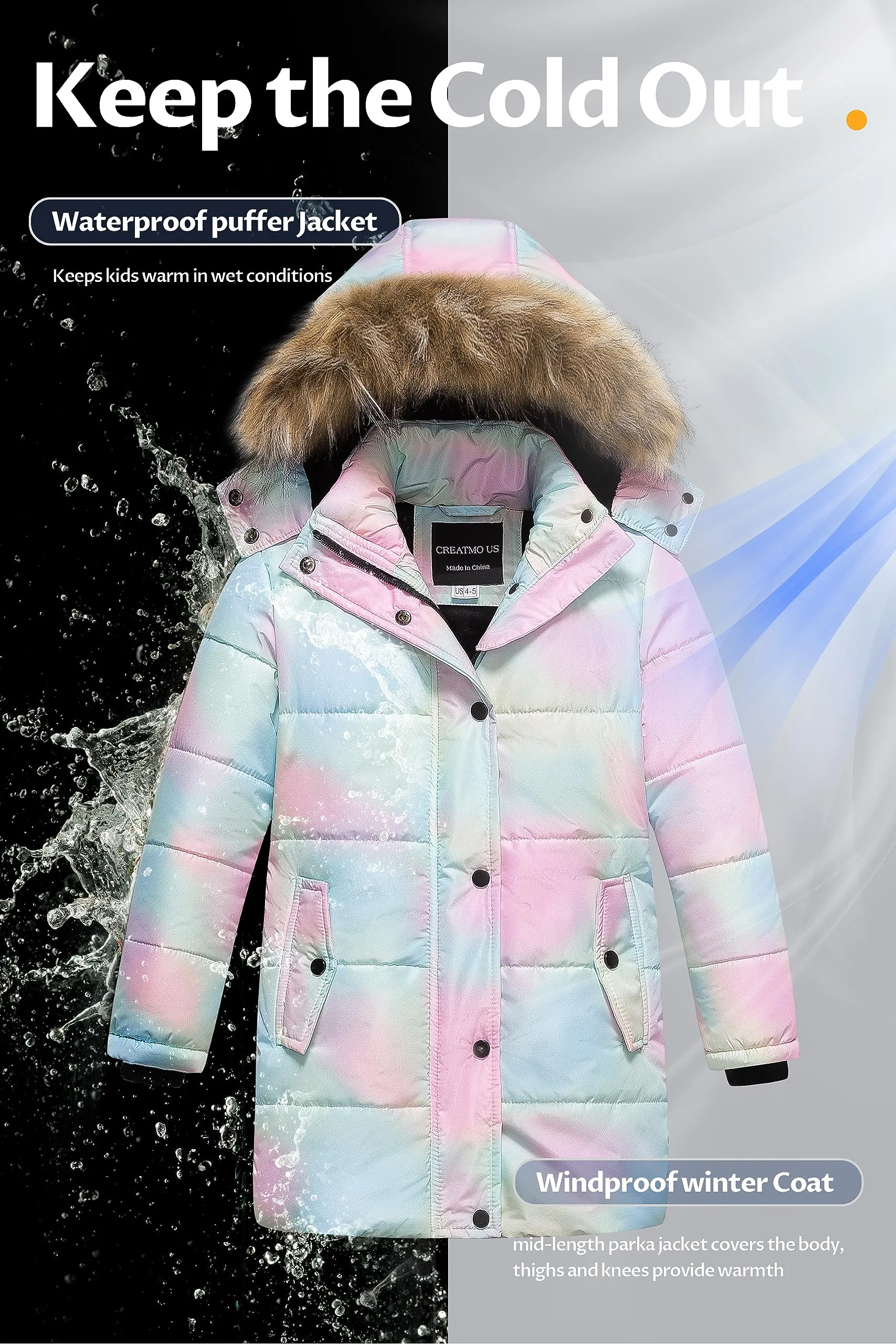 CREATMO US Girls Winter Coat Long Warm Padded Hooded Warm Winter Outerwear Jacket Thicken Water Resistant Snow Parka Ombre 10/12