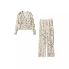 Crocheted Knitted Cardigan Wide-leg Lace Pants