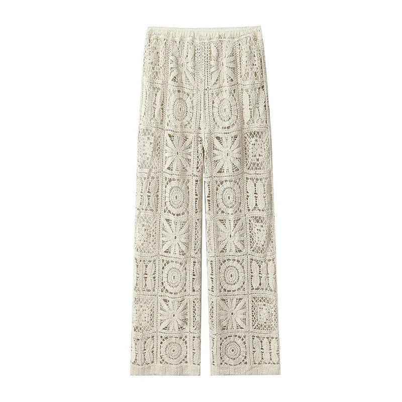 Crocheted Knitted Cardigan Wide-leg Lace Pants