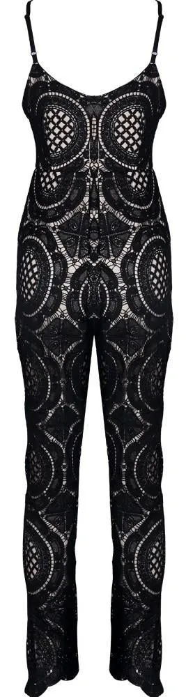 Cut-Out Lace-Macrame Sleeveless Jumpsuit-Black