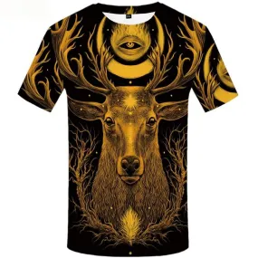 Deer T shirts Men Galaxy T-shirts 3d Yellow T shirts Funny Animal Tshirt Printed Tree T-shirts Graphic Short Sleeve Hip hop