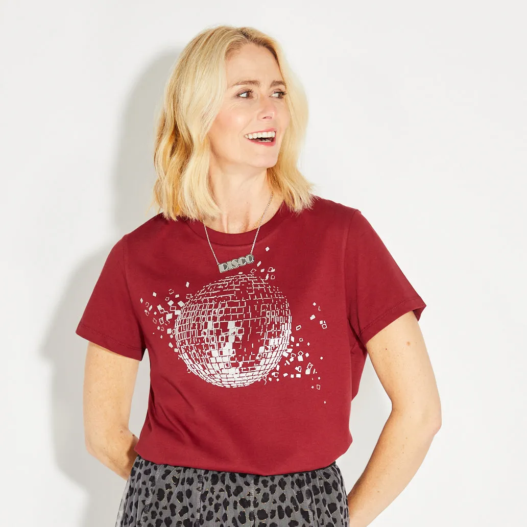 Disco Down Tshirt Burgundy & Silver