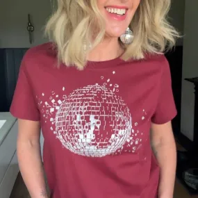 Disco Down Tshirt Burgundy & Silver